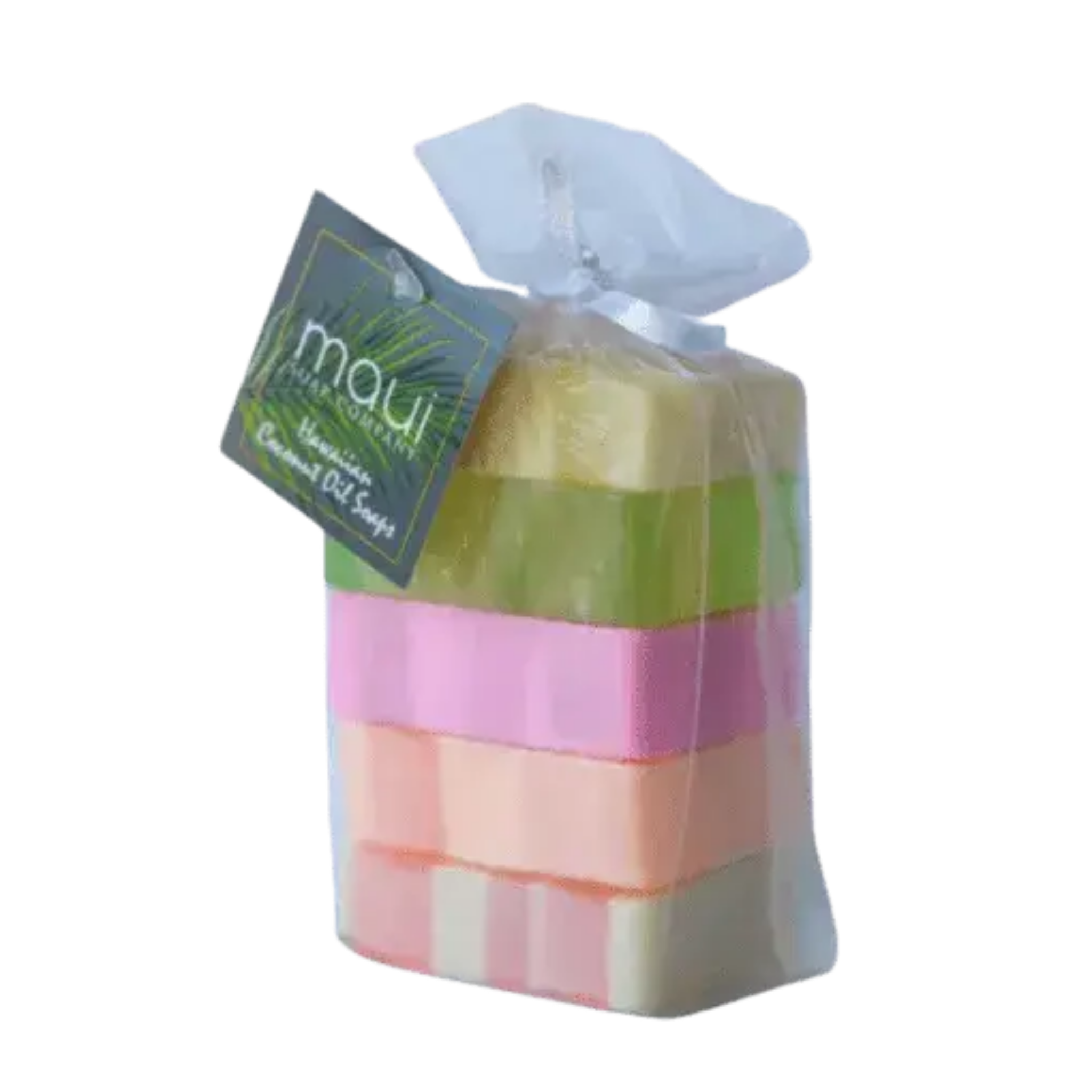 A packaged set of five stacked coconut oil soaps in pastel stripes of green, pink, peach, and white, wrapped in clear cellophane with a white ribbon and a hanging tag.