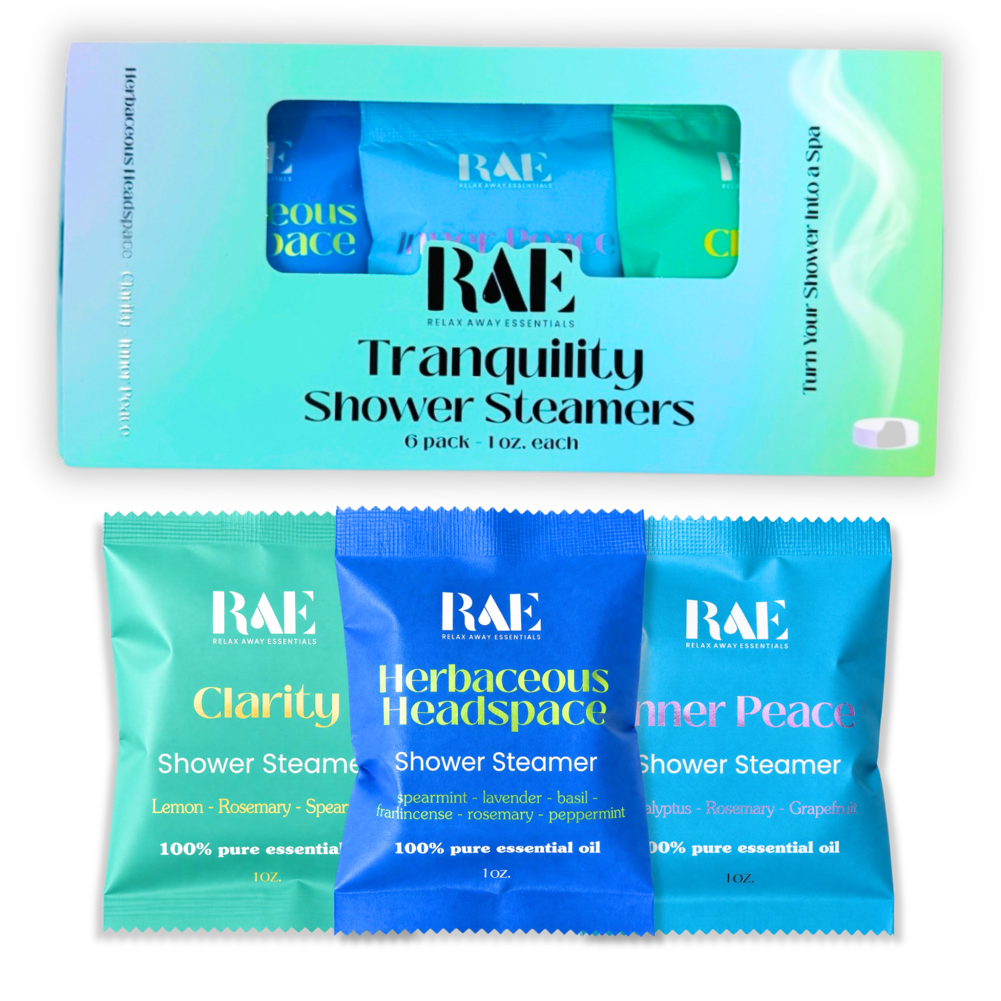Shower steamer 6-pack box with Tranquility label, blue and teal packaging