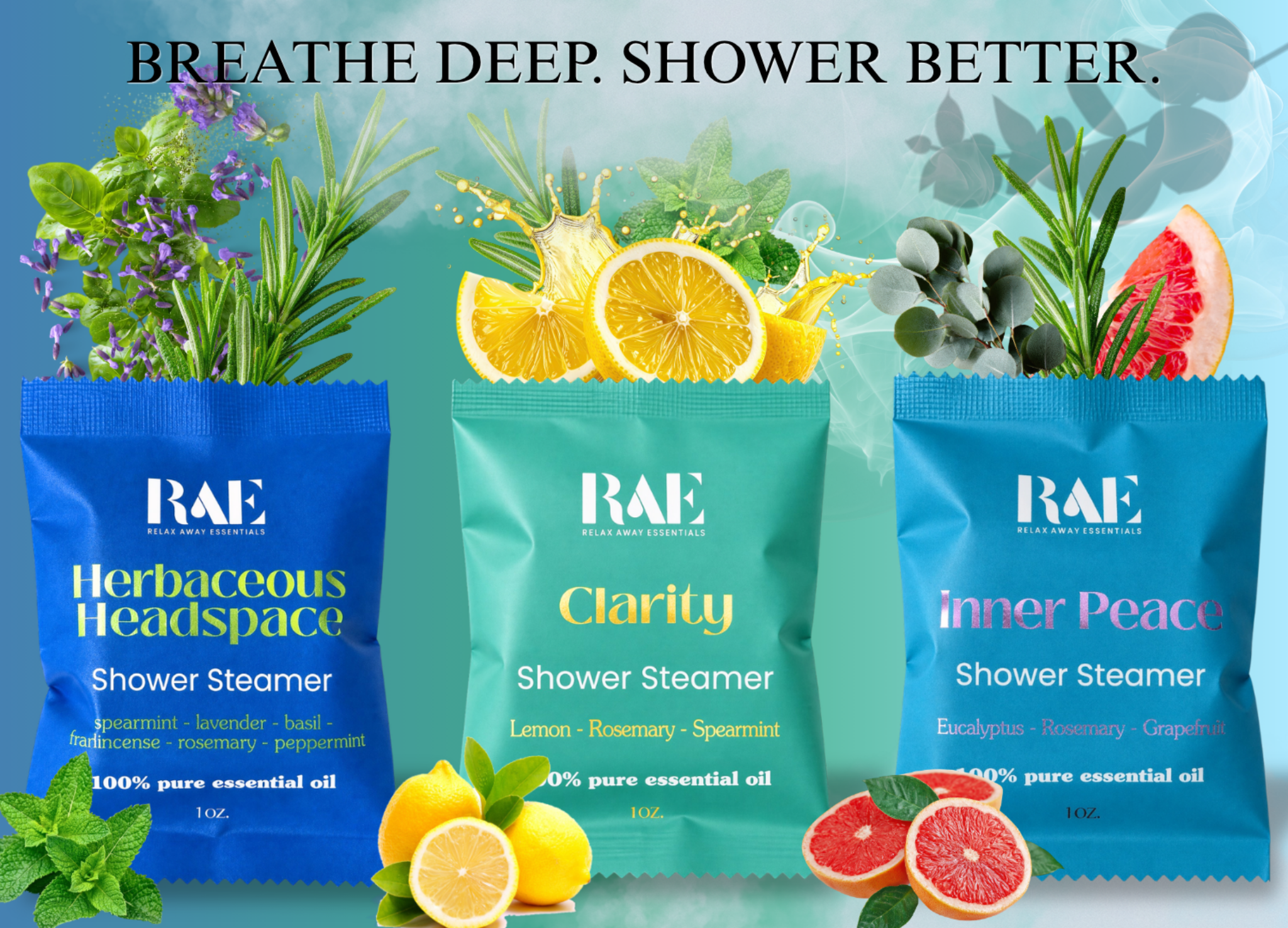 Three RAE shower steamer pouches with herb and citrus graphics, blue and green tones