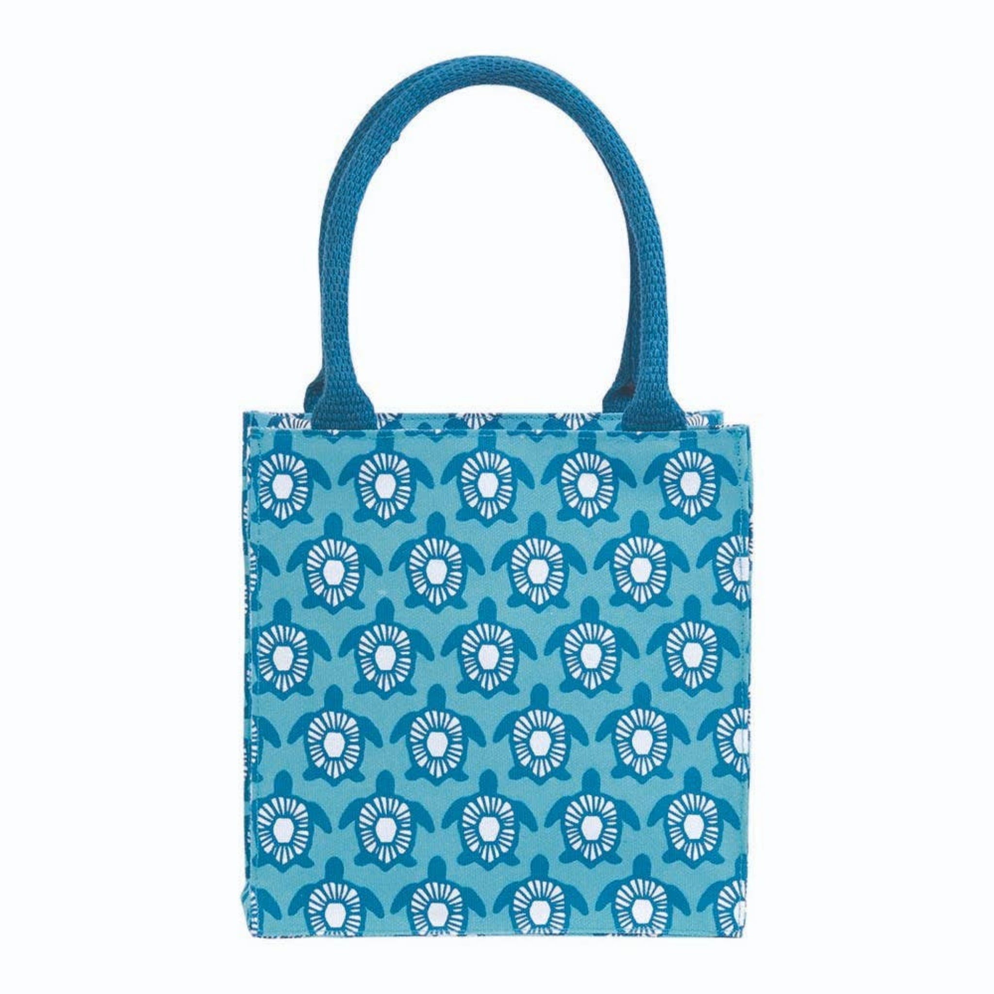 Blue tote bag with turtle pattern on a white background