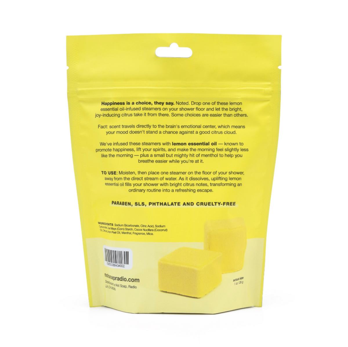 A yellow resealable pouch of Not Soap, Radio lemon essential oil steamers shown from the back, featuring printed text on a white background.