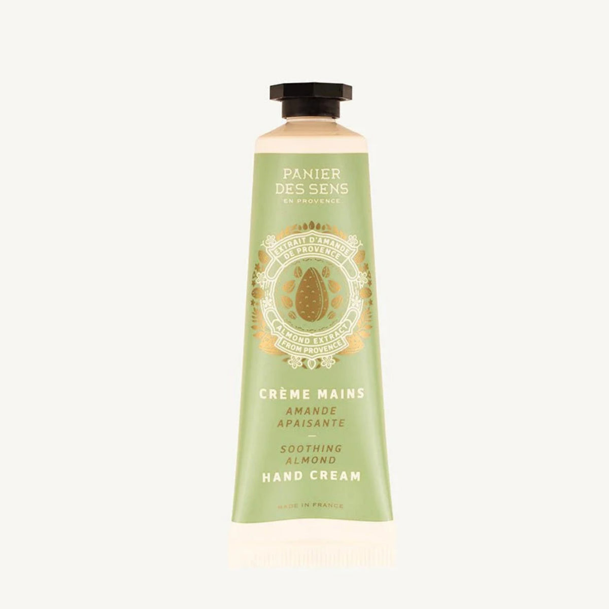 Almond hand cream bottle with green label and dark screw cap, 1 fl oz