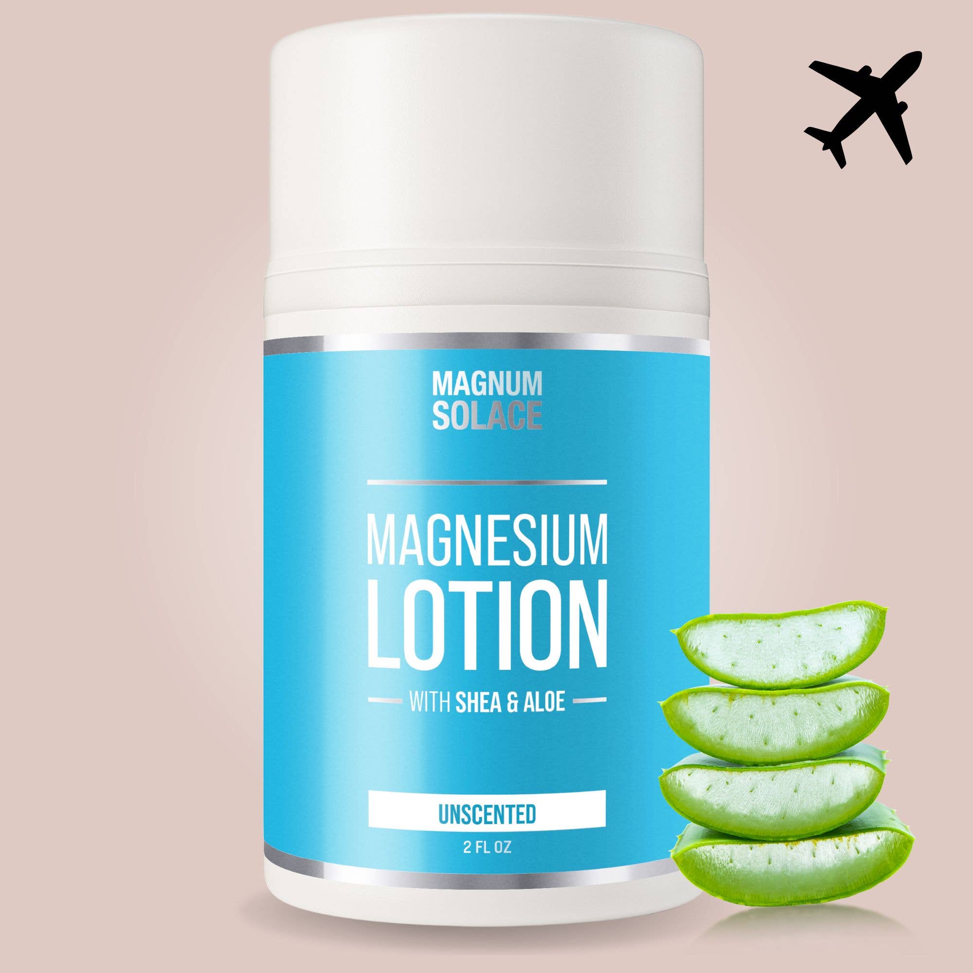 Unscented magnesium lotion bottle with blue label, 2 fl oz, white cap.