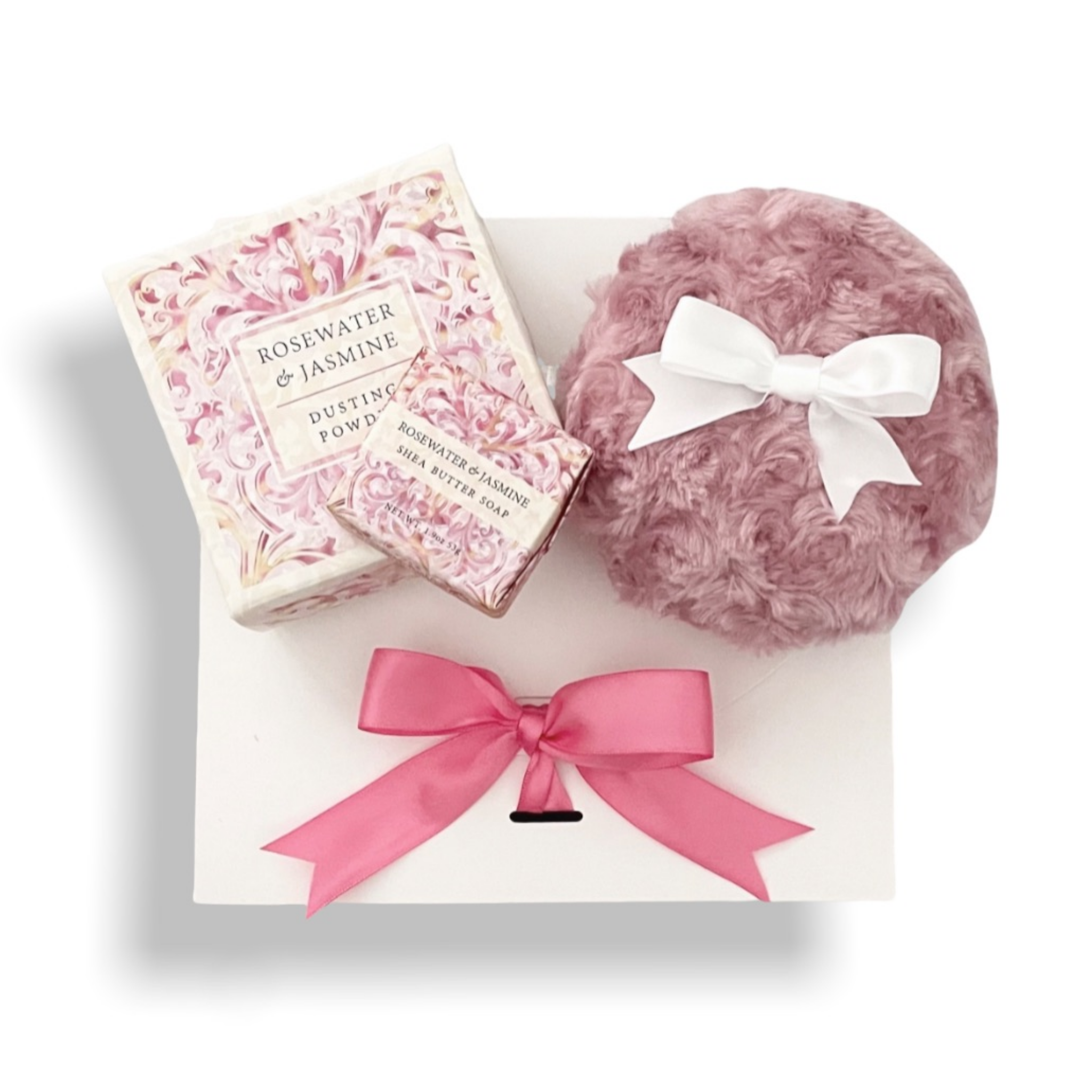 Dusting powder gift set with puff - pink - Greenwich Bay Trading Co Rosewater jasmine powder soap gift set - Merrybath.com