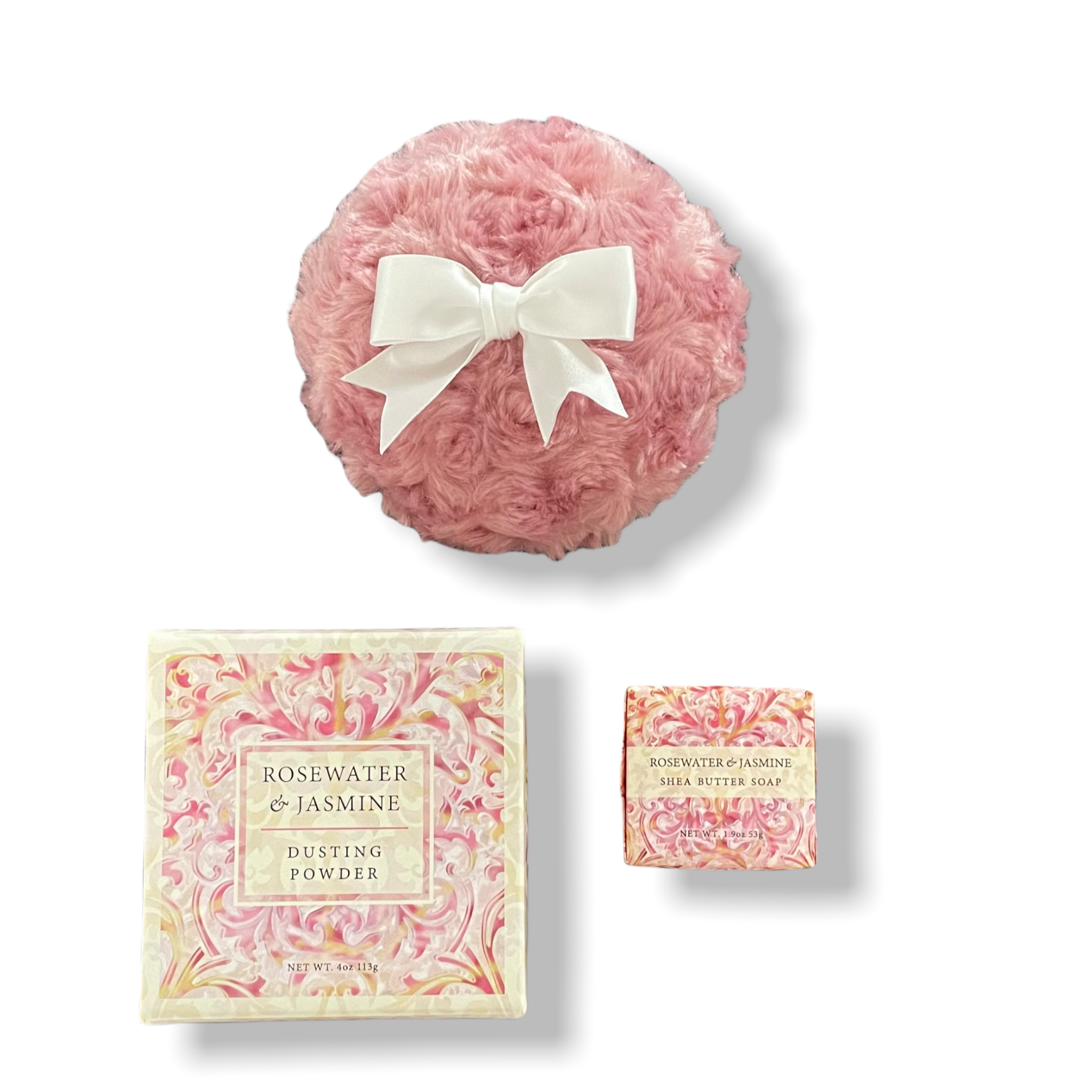 Dusting powder gift set with puff - pink - Greenwich Bay Trading Co Rosewater jasmine powder soap gift set - Merrybath.com