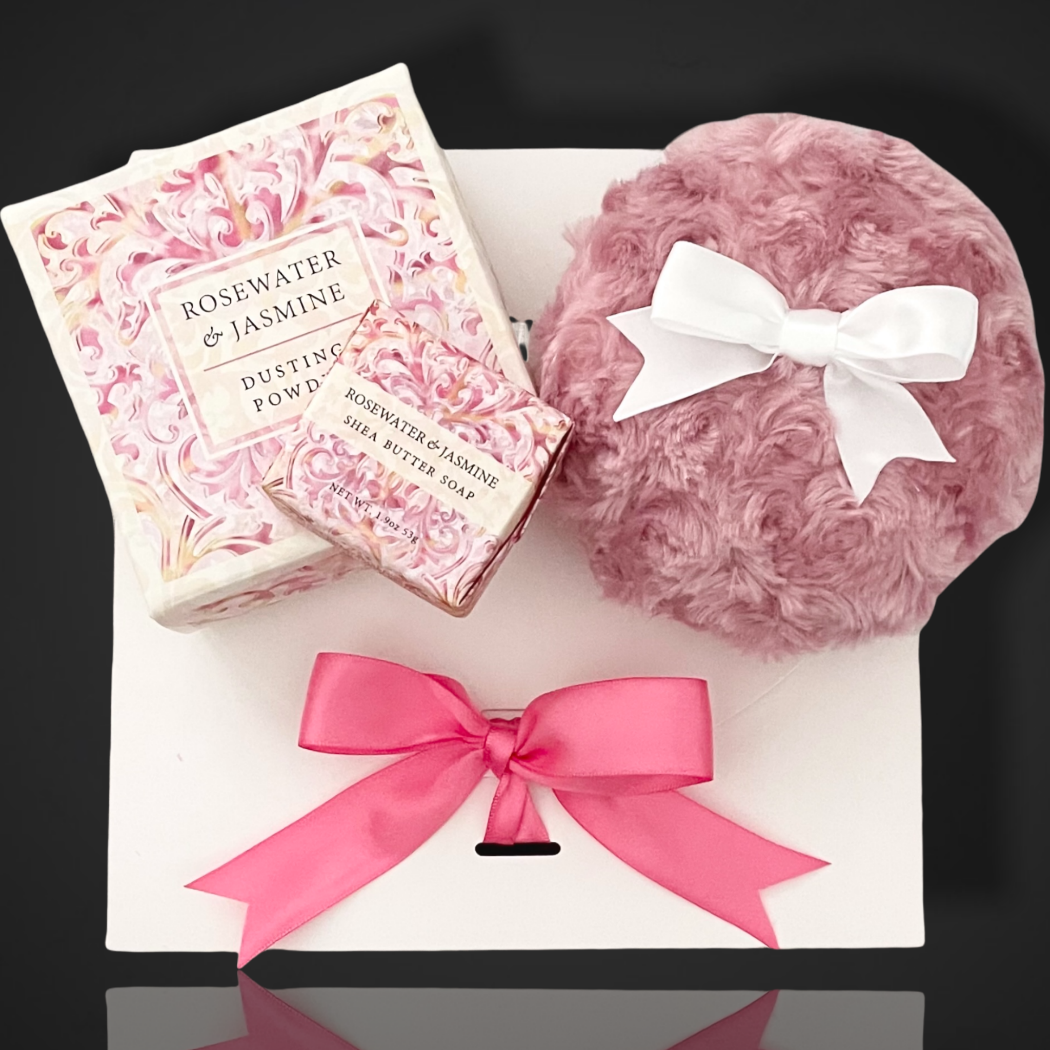 Dusting powder gift set with puff - pink - Greenwich Bay Trading Co Rosewater jasmine powder soap gift set - Merrybath.com