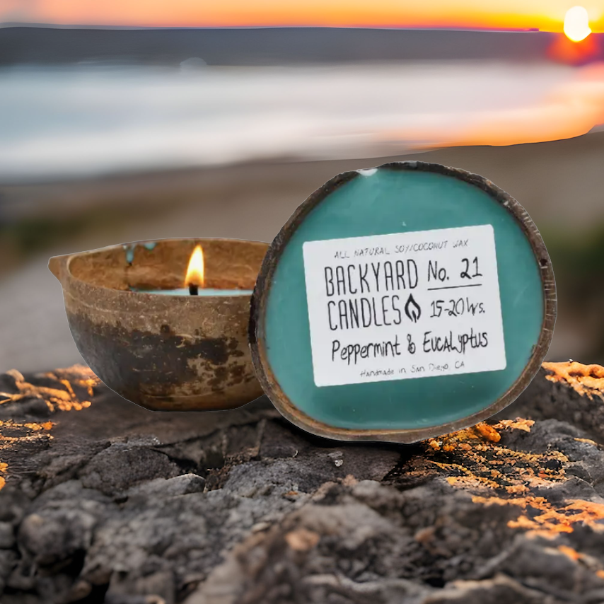 Backyard Candles Peppermint and Eucalyptus coconut shell natural candle